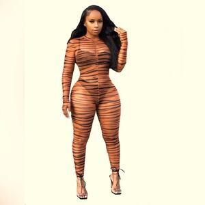 Sexy Bodycon Jumpsuit See Through Sheer Mesh Spotted Printing  Rompers Overalls